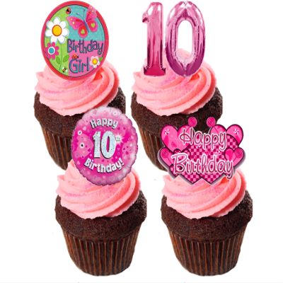 10th Birthday Girl, Edible Cupcake Decorations - Pink, Stand-up Wafer Cupcake Toppers (Pack of 12)