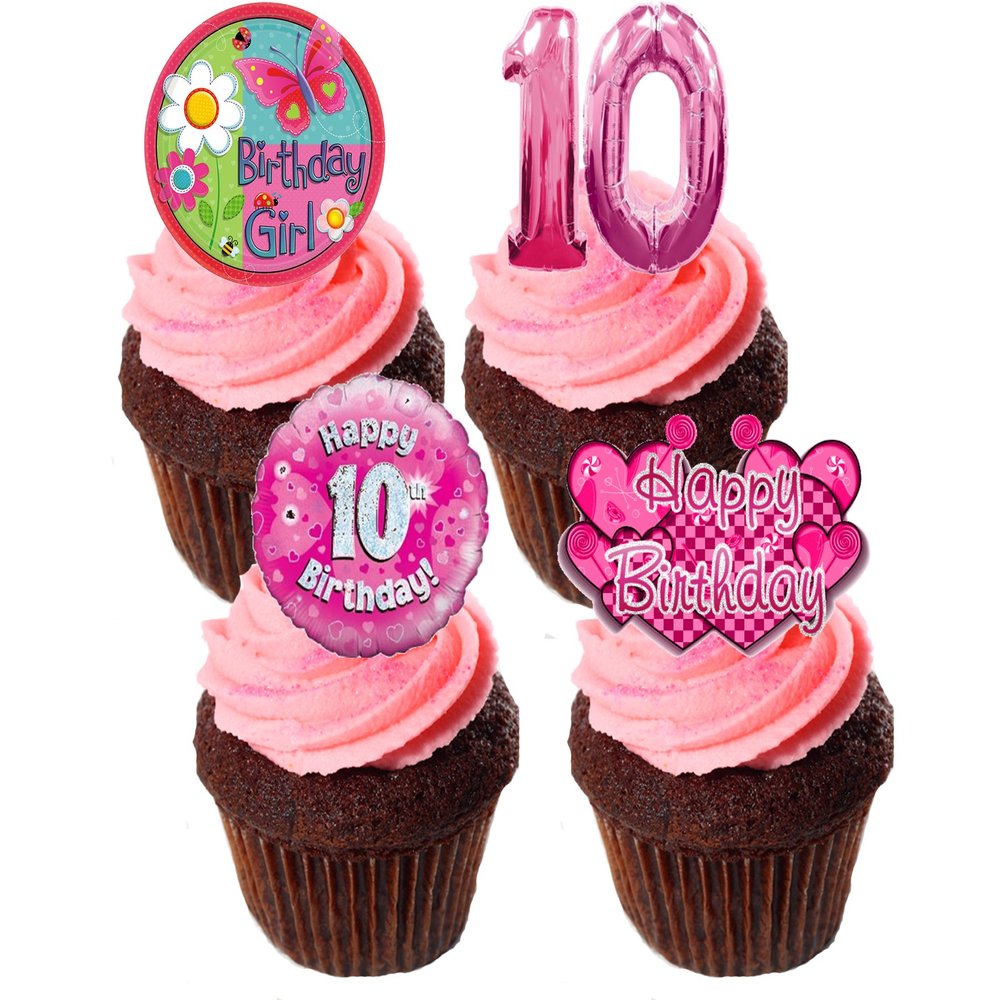 10th Birthday Girl, Edible Cupcake Decorations - Pink, Stand-up Wafer Cupcake Toppers (Pack of 12)