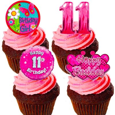 11th Birthday Girl - Edible Cake Decorations, Pink- Stand-up Wafer Cupcake Toppers (Pack of 12)
