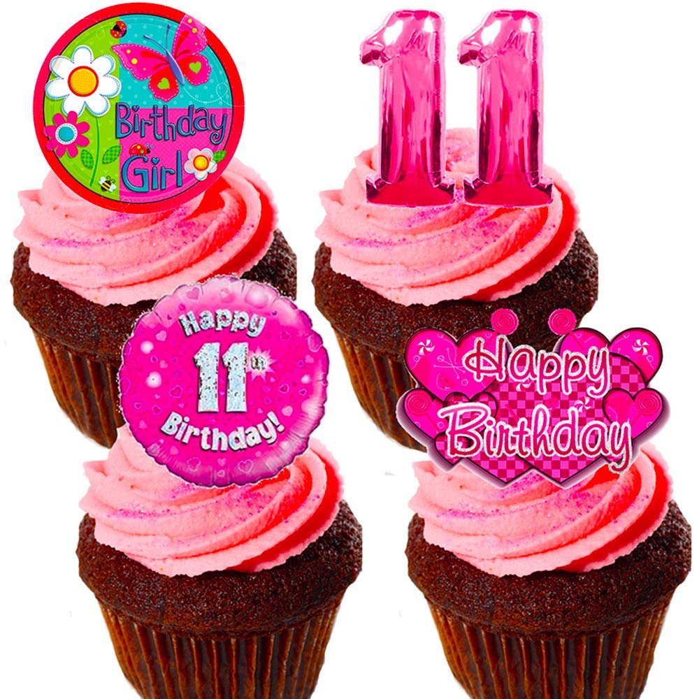 11th Birthday Girl - Edible Cake Decorations, Pink- Stand-up Wafer Cupcake Toppers (Pack of 12)
