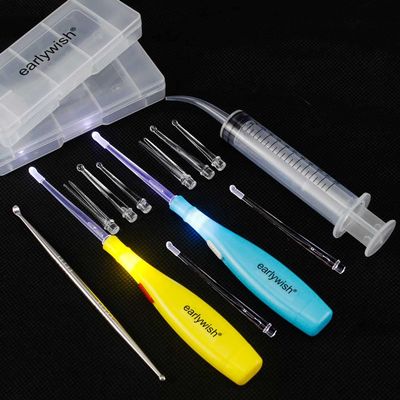 Earlywish Professional Upgraded 6.75" Long Tonsil Stone Removing Tool LED Light, 2 Sets, Color Blue + Yellow, 5 Tips Each Color + 1 Stainless Steel Tonsillolith Pick + 1 Irrigation Syringe Oral Clean