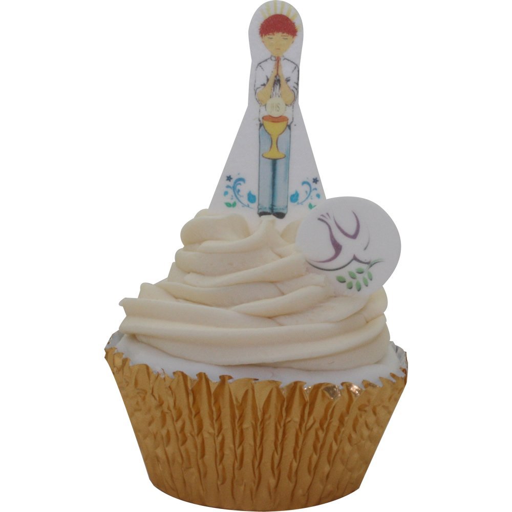 1st Communion Pre-Cut Edible Wafer Decorations - Boy with Chalice & Doves - Pack of 12 Boys & 12 Doves 201-737