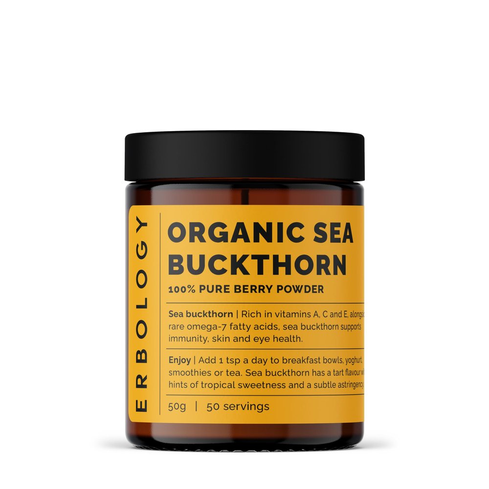 Erbology Organic Sea Buckthorn Powder 50g - 50 Servings - Skin Health and Immunity Support - Rich in Omega-7 (6.5%), Vitamin C and Beta-Carotene - Seeds Removed, More Concentrated - Vegan - GMO-Free