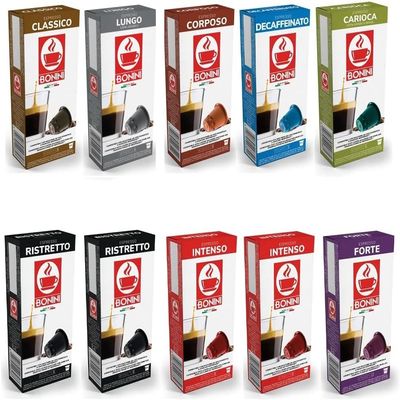 Bonini Coffee Pods, Nespresso Compatible 10 Variety Packs, Blends Inc. Decaf, Ristretto, Intenso, Classico, Lungo, Forte, Corposo, Carioca. Pack 10 (Total 100 Pods)