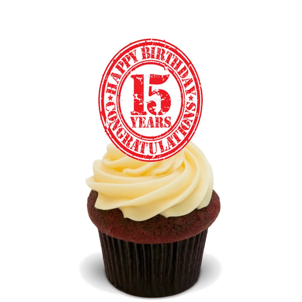 15th Birthday Boy / Girl, Congratulations Edible Cupcake Toppers - Stand-up Wafer Cake Decorations (Pack of 12)