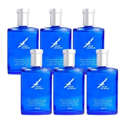 Blue Stratos Pre-Electric Shave Lotion Multi-Pack, Original Blue for Men, Lifts Beard & Reduces Irritation, Cooling Effect, Classic Scent of Cedarwood, Vanilla, and Musk, 6 x 100ml