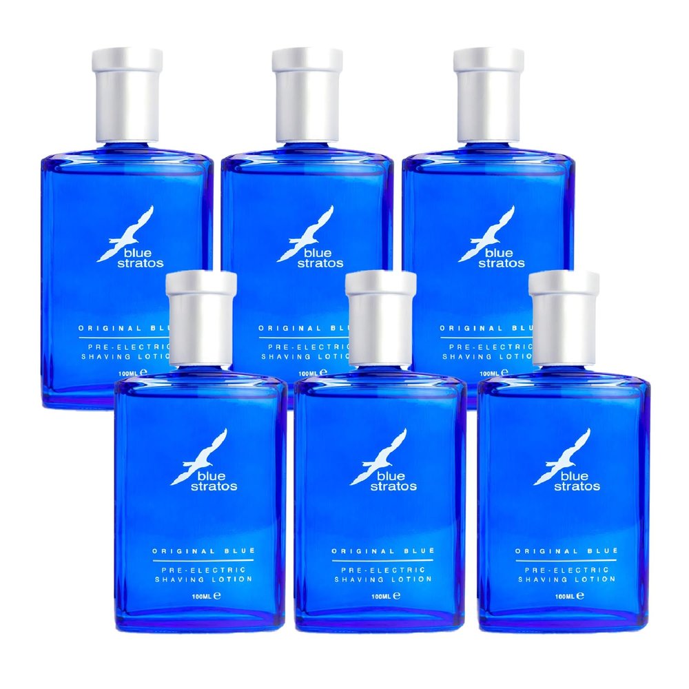 Blue Stratos Pre-Electric Shave Lotion Multi-Pack, Original Blue for Men, Lifts Beard & Reduces Irritation, Cooling Effect, Classic Scent of Cedarwood, Vanilla, and Musk, 6 x 100ml