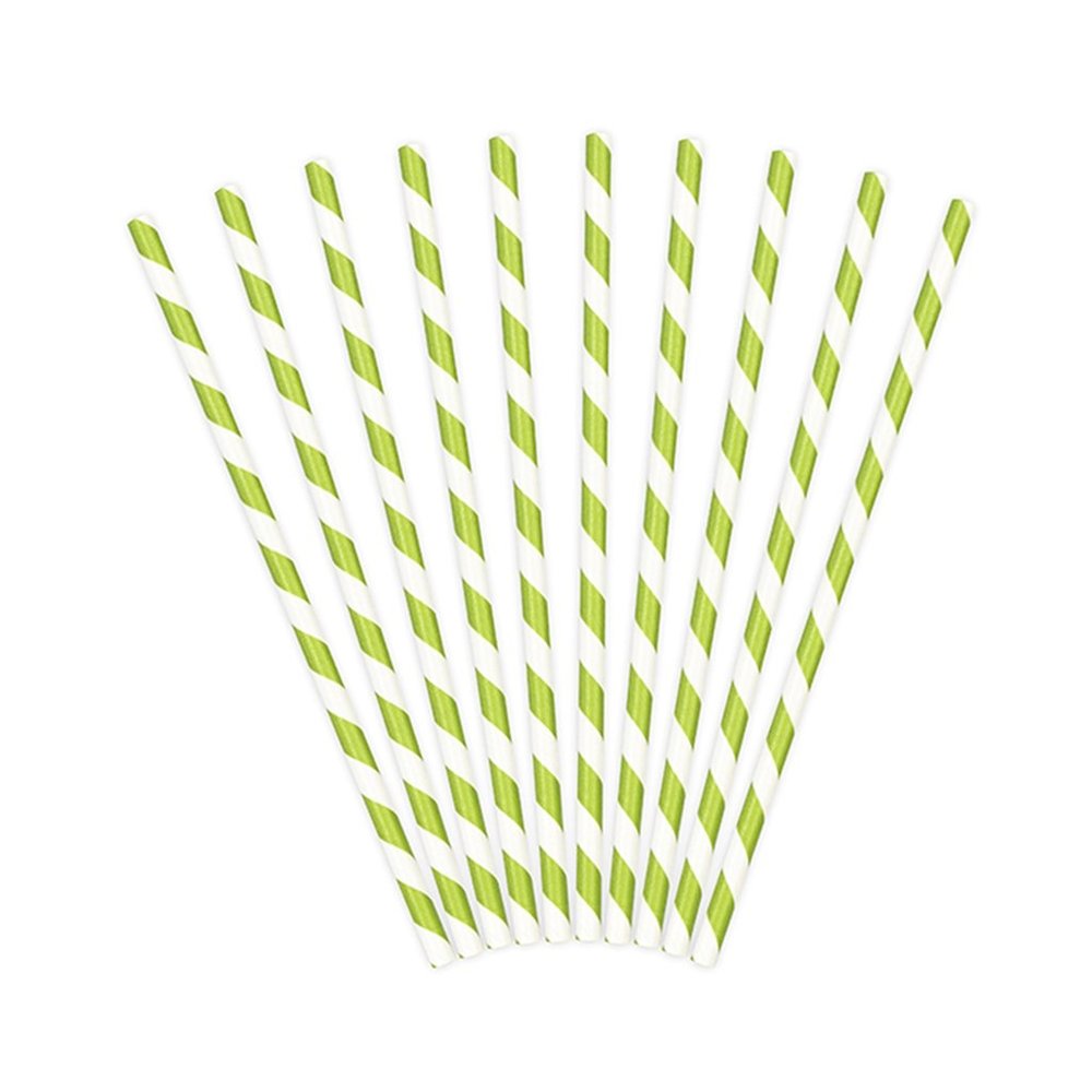10 pcs Paper Drinking Straws with Stripes for Birthday Party, 19.5cm (Apple Green)