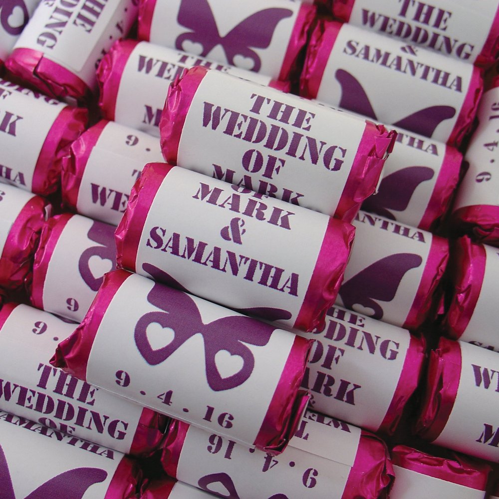 100 Personalised Purple Butterfly MINI Love Hearts Sweets - The Wedding of MR and MRS