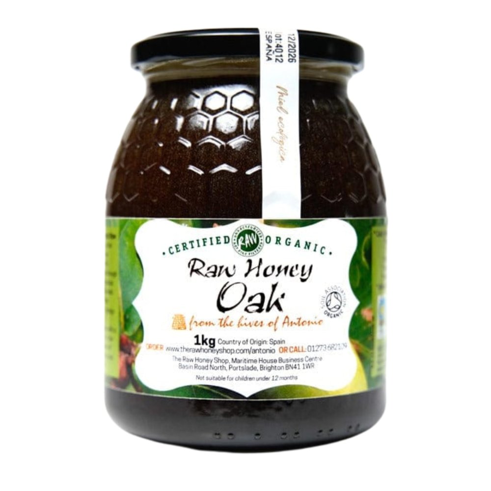 Antonio's RAW CERTIFIED ORGANIC OAK HONEY, 1kg - Antibacterial Mountain Honey, Platinum Award Winning, Unpasteurised, Single Origin - The Raw Honey Shop