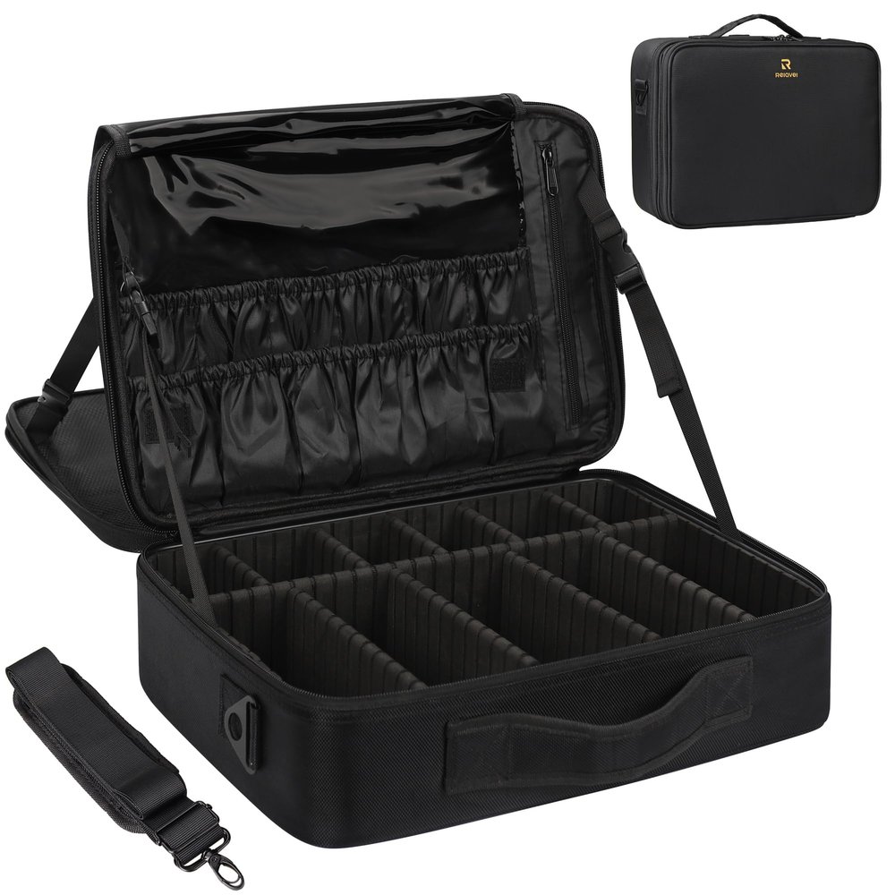 MONSTINA Large Capacity Makeup Case 3 Layers Cosmetic Organizer Brush Bag 40cm Makeup Train Case Makeup Artist Box for Curling Iron Hair Straightener Brush Set and Cosmetics