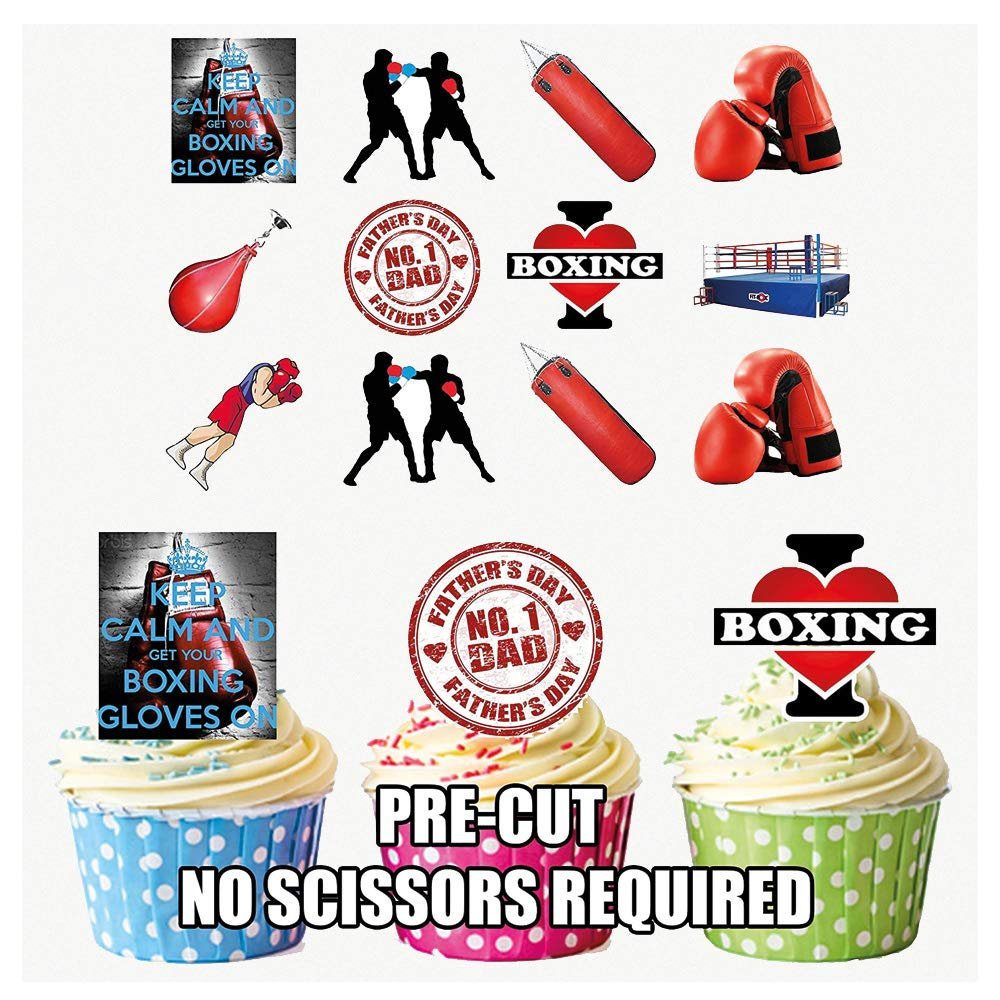 AK Giftshop PRE-CUT Father's Day Boxing Themed - Edible Cupcake Toppers/Cake Decorations (Pack of 12)