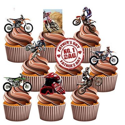 AK Giftshop Father's Day Motocross Themed Cake Decorations - Edible Stand-up Cup Cake Toppers (pack of 12)