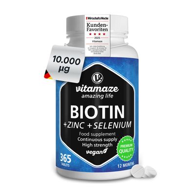Biotin 10.000 mcg (1year Supply) with Selenium + Zinc, Hair Growth, Skin and Nails Nourishment, 365 Vegan Easy to Swallow Tablets, German Quality, Vitamaze