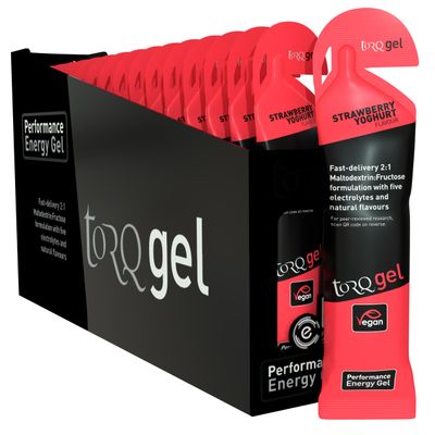 Torq Energy Gels - Strawberry Yoghurt Pack of 15 - Ultimate On The Go Quick Release Energy - 30g of Carbohydrates - Running/Cycling/Sports Gels - 5 Key Electrolytes - Natural & Vegan
