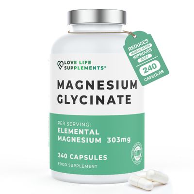 Magnesium Glycinate (Bisglycinate), 2 Month Supply - 240 Capsules, 2750mg (303mg Magnesium), Chelated Magnesium Supplements, Highly Bioavailable, Made in UK - GMP Certified - Love Life Supplements