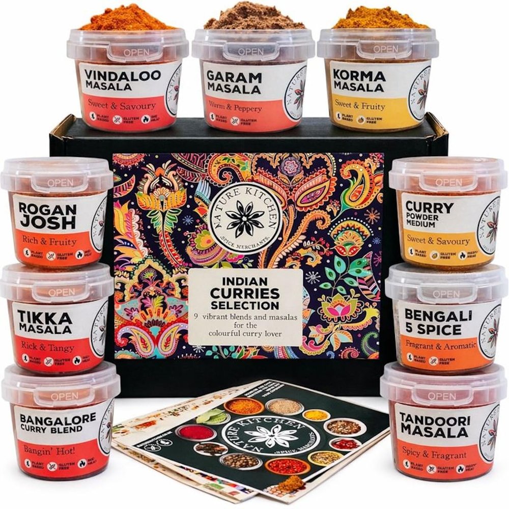 Nature Kitchen Indian Curry Powder Masala Gourmet Spice Seasoning Selection Mix Gift Set Kit. 9x Gluten-Free Herbs and Spices For Cooking Recipes. Including Blends For Vindaloo, Korma and More