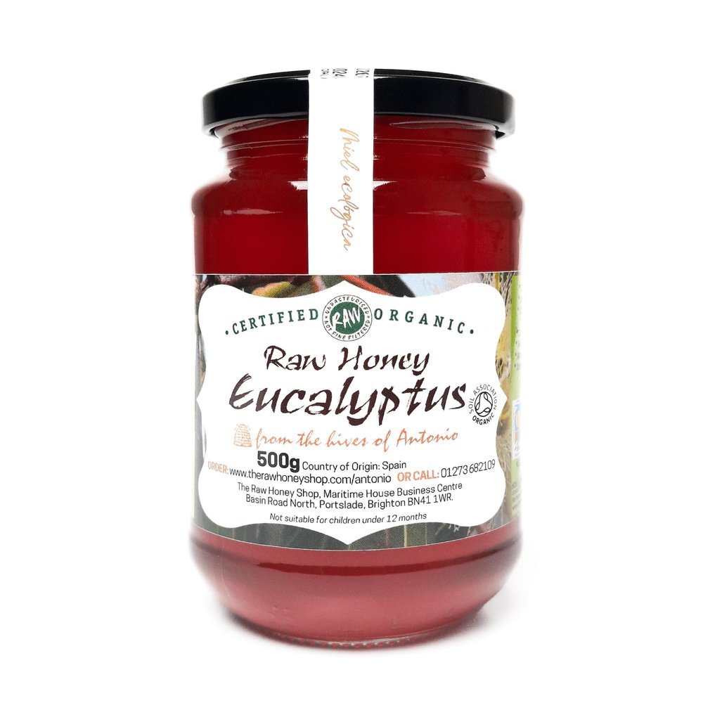 Antonios RAW CERTIFIED ORGANIC EUCALYPTUS HONEY, 500g - Premium Range Award-Winning, Pure, Antibacterial, Cold Pressed & Unpasteurised, Natural Honey, Certified Organic - The Raw Honey Shop