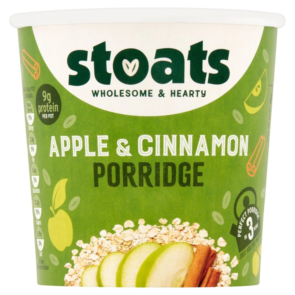 Stoats Apple & Cinnamon Porridge Pots Made with Scottish Oats, Convenient Single-Serve 60g Pots, Great for Breakfast at Home or On-the-Go (Pack of 16)