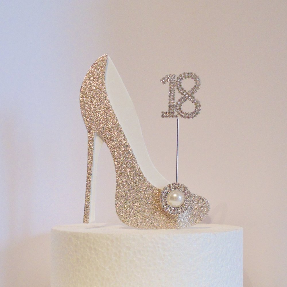 18th Birthday Cake Decoration Gold and White Shoe with Crystal Button Embellishment and Diamante Number (Non- Edible)