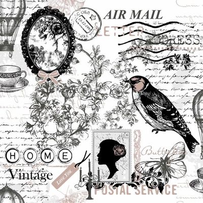 20 Napkins Poetie Vintage Air Mail / Bird / Old Fashion / Butterfly 33 x 33 cm, black, white
