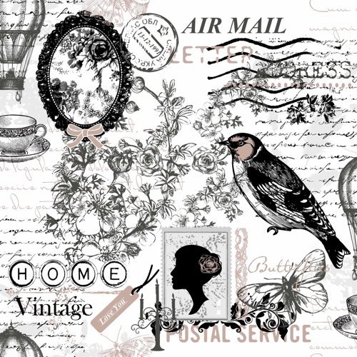 20 Napkins Poetie Vintage Air Mail / Bird / Old Fashion / Butterfly 33 x 33 cm, black, white