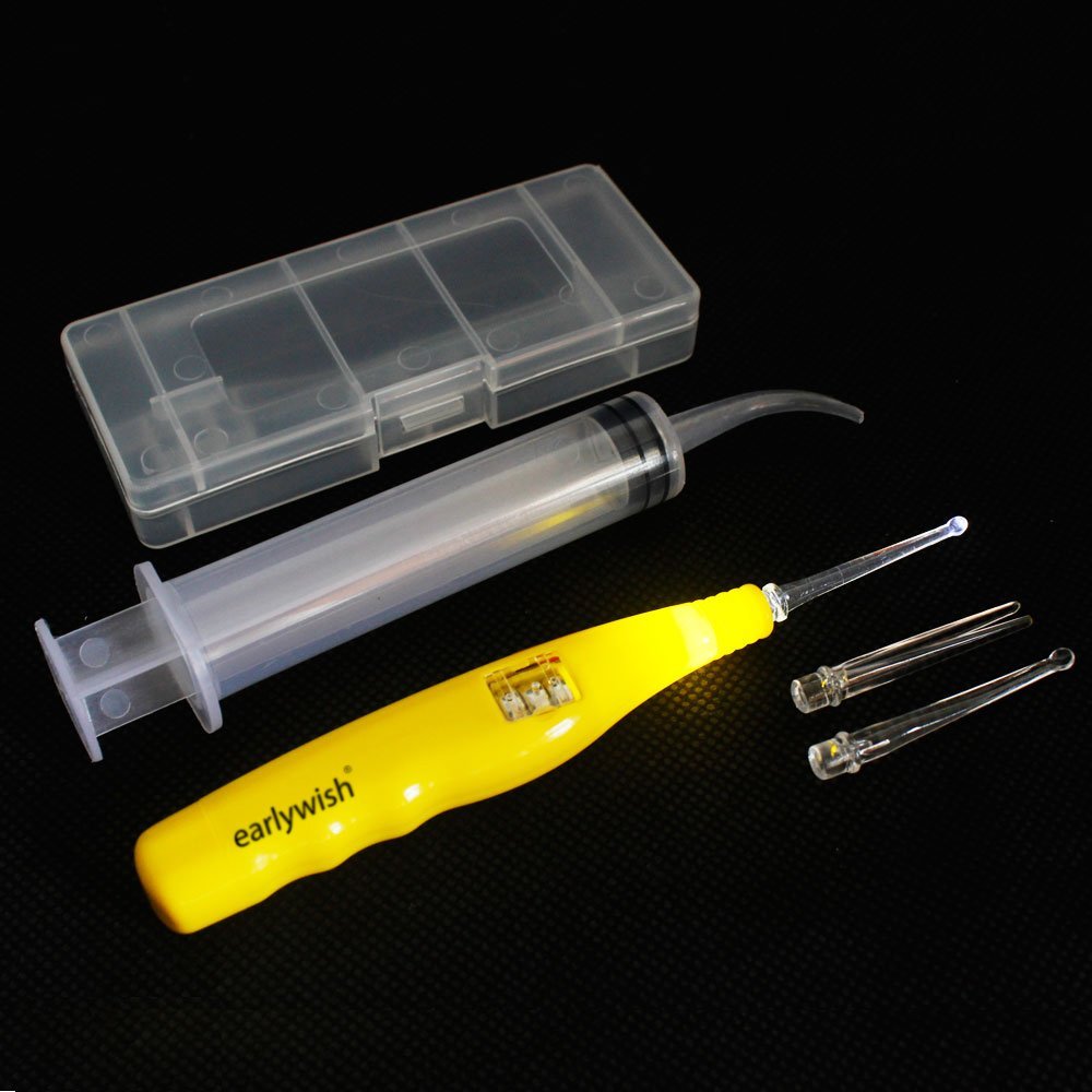 Earlywish Non-Slip Tonsil Stone Removing Tool Pick + 3 Adapters+ Irrigation Syringe (Yellow)