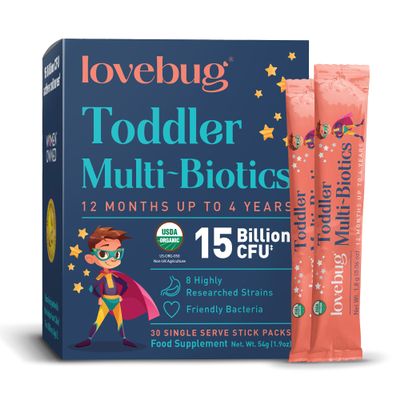 Lovebug Kids Probiotic Powder - 15 Billion CFU Multi-Strain Formula - Friendly Bio Cultures to Support Gut Health for Children & Toddlers Aged (12 Months to 4 Years) - 30 Unflavoured Sachet Pack
