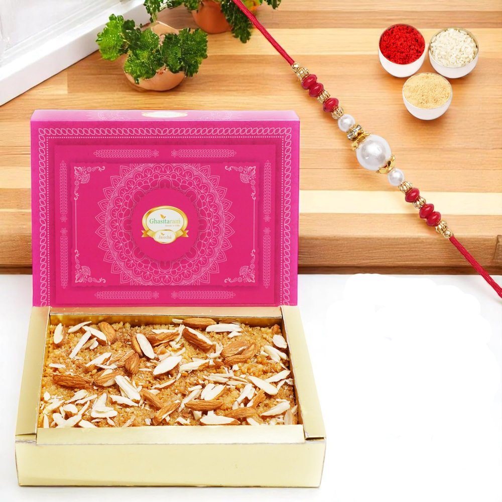 Ghasitaram Gifts Rakhi Gifts for Brothers Rakhi Sweets - Delicious Milk Cake with Beads Rakhi