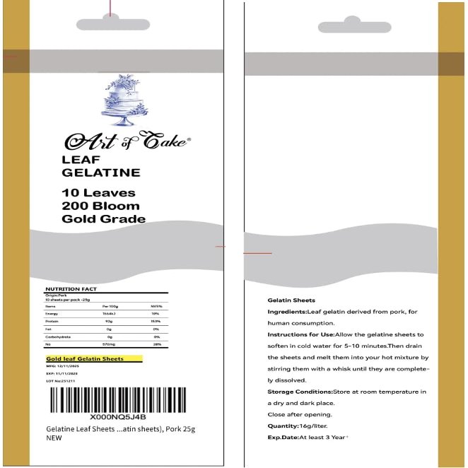 Art of cake Gelatine Leaf Sheets (10 Sheets of GOLD standard gelatin sheets)-Pork 25g