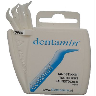 Dentamin pocket box, 60 toothpicks in practical dispenser box.