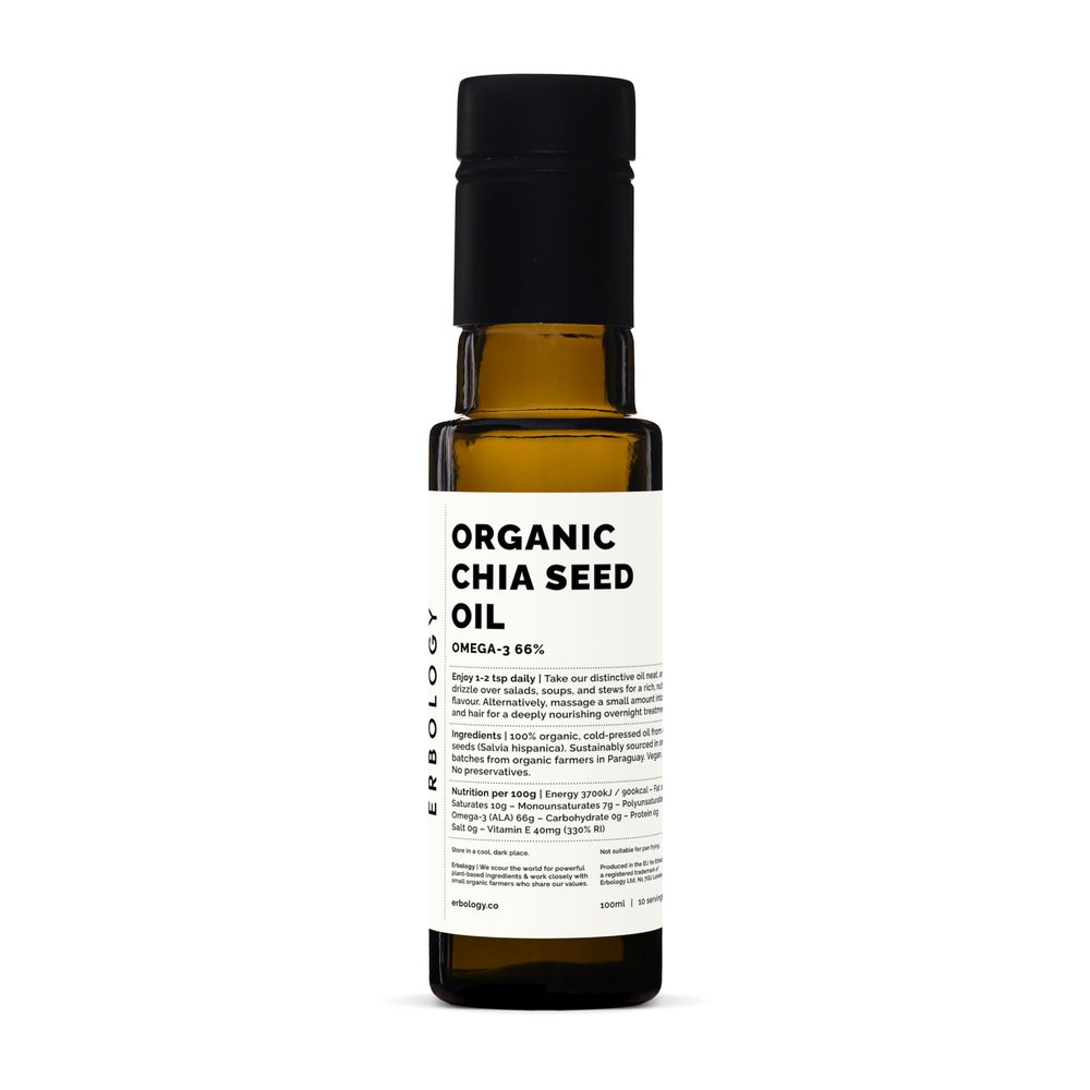 Erbology Organic Chia Seed Oil 100ml - Cold-Pressed - Rich in Omega-3 (66%) and Vitamin E (330% RI) - No Additives or Preservatives - Sustainably Sourced - Vegan - GMO-Free