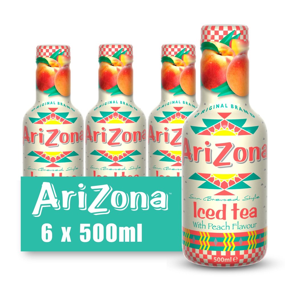 Arizona Peach Iced Tea, Pack of 6 x 500ml PET Bottles, Black Tea with Real Peach Juice, No Artificial Colours or Preservatives