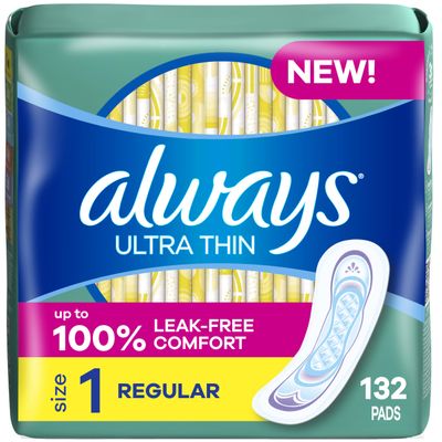 Always Ultra Thin, Feminine Pads For Women, Size 1 Regular Absorbency, Without Wings, Unscented, 44 Count x 3 (132 Count Total)