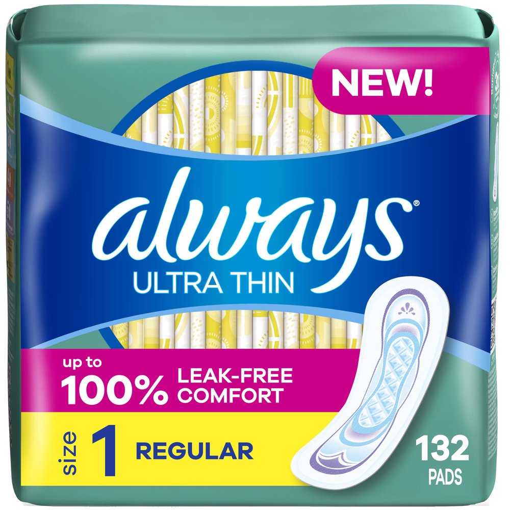 Always Ultra Thin, Feminine Pads For Women, Size 1 Regular Absorbency, Without Wings, Unscented, 44 Count x 3 (132 Count Total)
