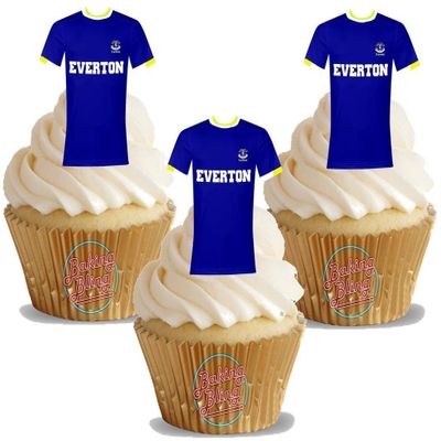12 x Everton FC Football Shirts - Choose from UNFLAVOURED or Vanilla-SWEETENED Toppers - Fun Novelty Birthday Premium Stand UP Edible Wafer Card Cake Toppers Decorations (Unflavoured)