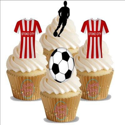 12 x Stoke City FC Football Mix - Choose From UNFLAVOURED or VANILLA-SWEETENED Toppers - Fun Novelty Birthday PREMIUM STAND UP Edible Wafer Card Cake Toppers Decorations (Unflavoured)