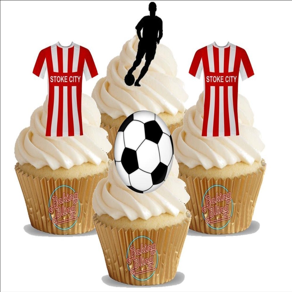 12 x Stoke City FC Football Mix - Choose From UNFLAVOURED or VANILLA-SWEETENED Toppers - Fun Novelty Birthday PREMIUM STAND UP Edible Wafer Card Cake Toppers Decorations (Unflavoured)