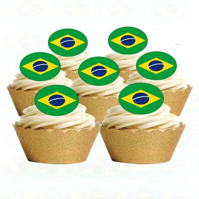 24 Precut Brazilian Brazil Flag Edible Wafer Paper Cake Toppers Decorations