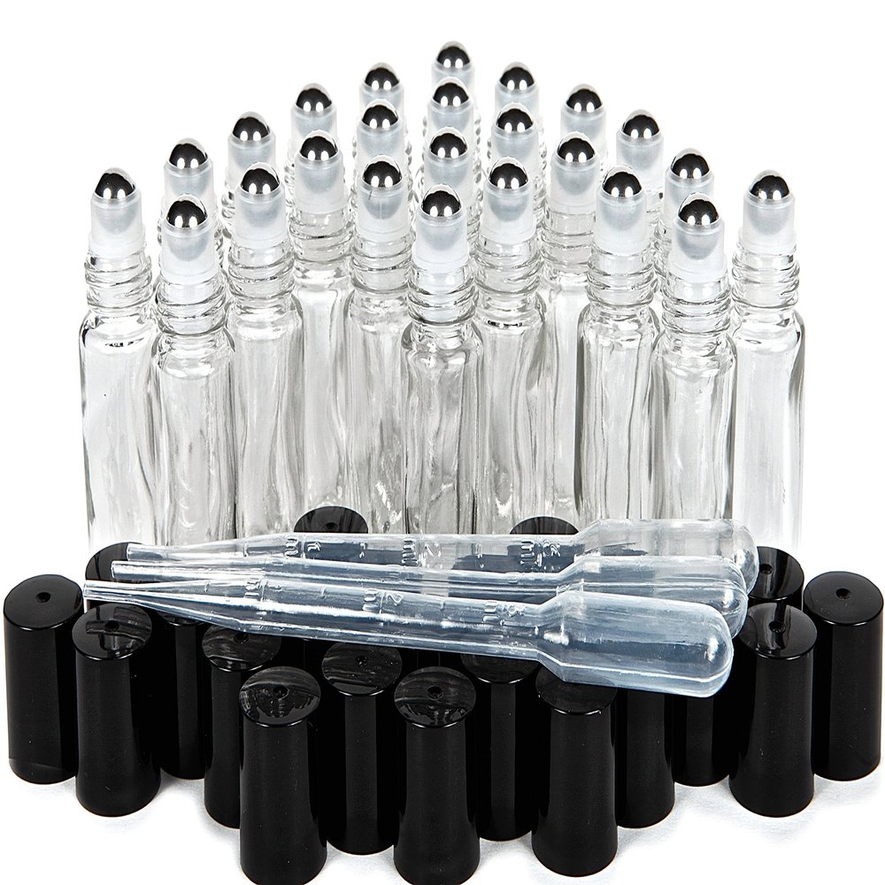 Vivaplex 24 count, clear, 10 ml glass roll-on bottles with stainless steel roller balls, 3-3 ml droppers included