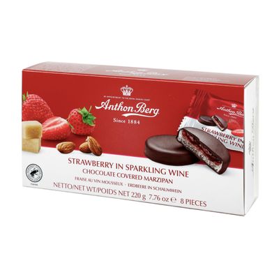 Anthon Berg Dark Chocolate Covered Marzipan Treats, Strawberry In Sparkling Wine, with a Delicious Jam of Fresh Fruits, 220 g Box, (Pack of 1)