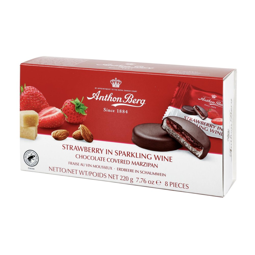 Anthon Berg Dark Chocolate Covered Marzipan Treats, Strawberry In Sparkling Wine, with a Delicious Jam of Fresh Fruits, 220 g Box, (Pack of 1)