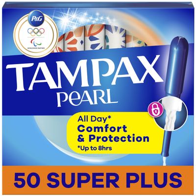 Tampax Pearl Plastic Tampons, Super Plus Absorbency, Unscented, 50 Count