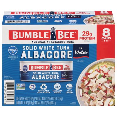 Bumble Bee Solid White Albacore Tuna in Water 5 oz Can (Pack of 8) - Wild Caught Tuna - 29g Protein per Serving - Non-GMO Project Verified Gluten Free Kosher - Great for Tuna Salad & Recipes