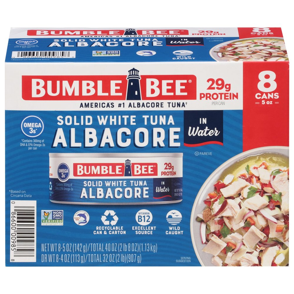 Bumble Bee Solid White Albacore Tuna in Water 5 oz Can (Pack of 8) - Wild Caught Tuna - 29g Protein per Serving - Non-GMO Project Verified Gluten Free Kosher - Great for Tuna Salad & Recipes