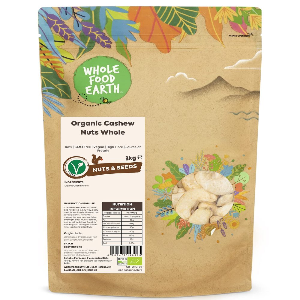 Wholefood Earth Organic Cashew Nuts Whole 3 kg | Raw | GMO Free | Vegan | High Fibre | Source of Protein | Certified Organic