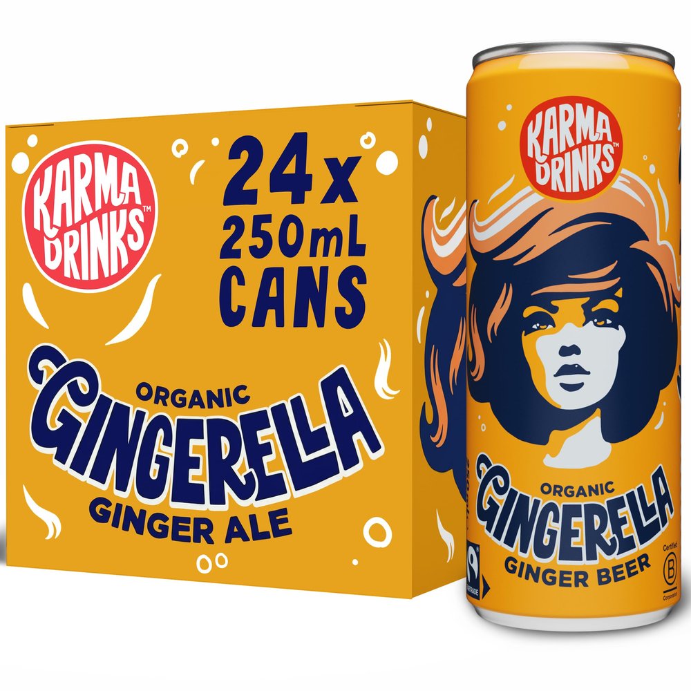 Karma Drinks Gingerella Ginger Ale - 24 x 250ml Cans - Natural Fizzy Soft Drinks, Fairtrade, Organic & Vegan