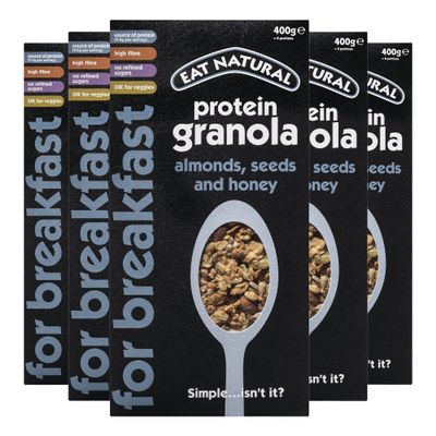 Eat Natural Protein Bars, Breakfast Bars, Protein Granola Cereal - Almonds, Seeds & Honey Granola with Whole Grain Oats - 400g x 5 Pack - Suitable for Vegetarians