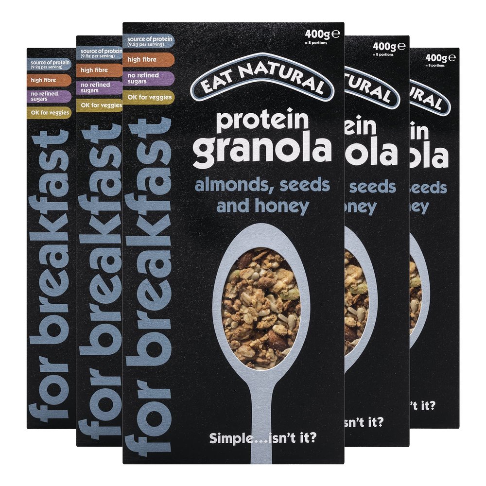 Eat Natural Protein Bars, Breakfast Bars, Protein Granola Cereal - Almonds, Seeds & Honey Granola with Whole Grain Oats - 400g x 5 Pack - Suitable for Vegetarians