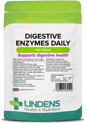 Lindens - Digestive Enzymes Daily, 360 Tablets - for Healthy Digestion, Enzyme Blend with Betaine Hcl, Papain, Amylase, Lipase & Calcium - UK Made (90 Pack x4)